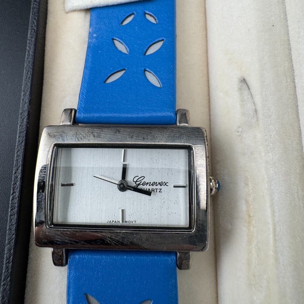Genevex Quartz Watch, Blue Cutout Strap, Silver Dial, Box